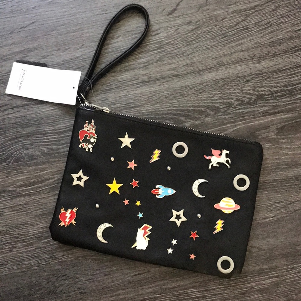 NWT black leather STRADIVARIUS wristlet